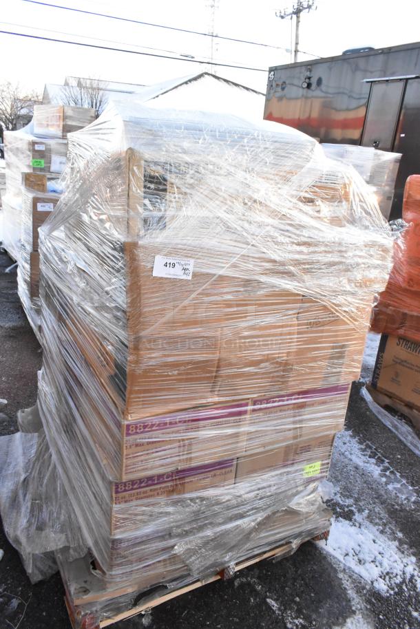 Plastic-wrapped pallet with 42 new scratch and dent items, including tumblers, ramekins, and trays. Marked "419" on label.