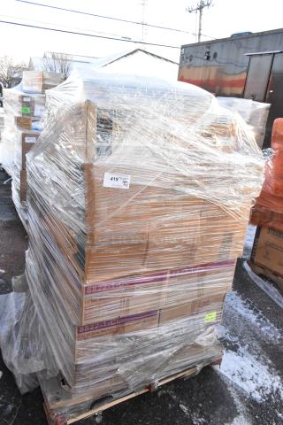Plastic-wrapped pallet with 42 new scratch and dent items, including tumblers, ramekins, and trays. Marked "419" on label.