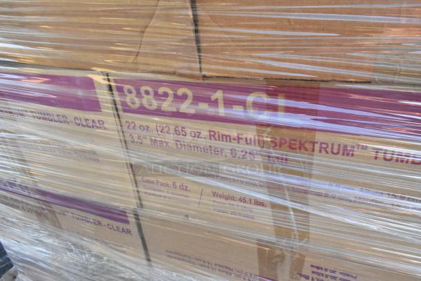 Boxes of 42 new scratch and dent items, including tumblers, ramekins, and trays. Markings indicate Spektrum 22 oz tumblers.