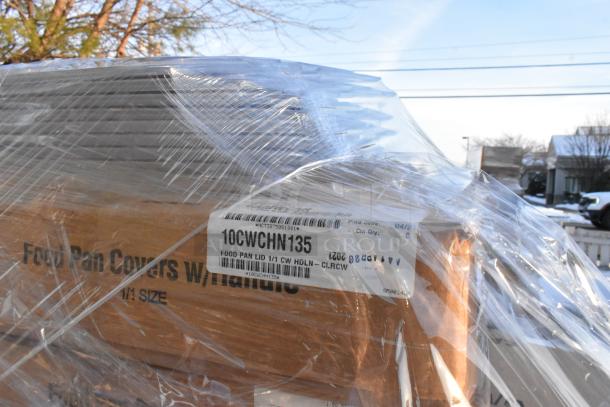 Plastic-wrapped pallet with food pan covers and labeled "10CWCHN135." Includes tumblers, ramekins, trays. New scratch and dent. 42 items.