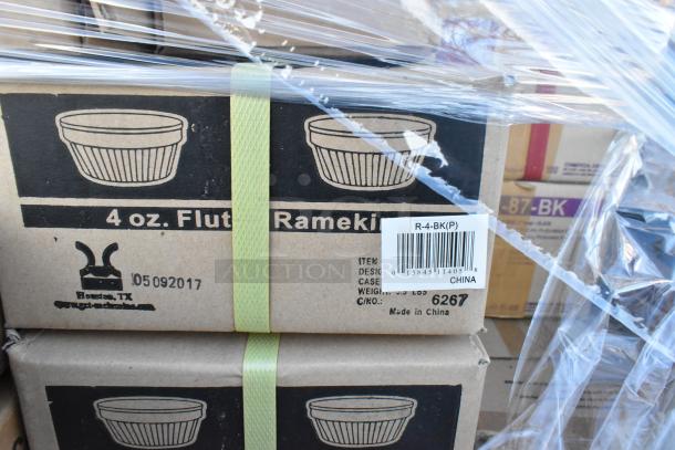 Boxes of 4 oz fluted ramekins, new, with visible barcode and "Made in China" label, wrapped for shipment.