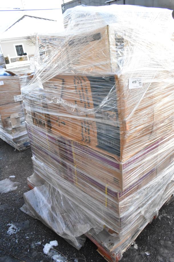 Pallet of 42 new, scratch and dent kitchen items including tumblers, ramekins, trays, wrapped in clear plastic.