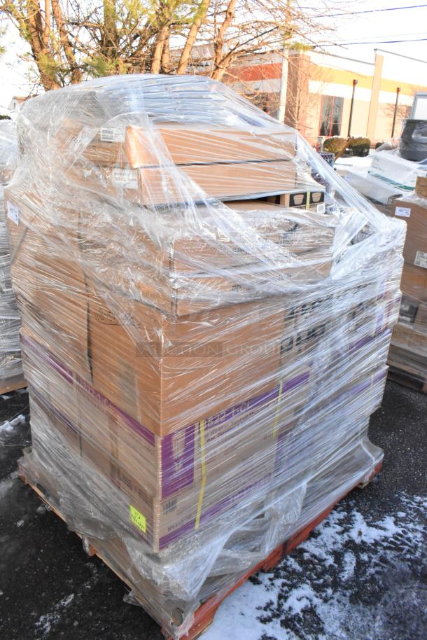 Pallet of 42 new scratch and dent items wrapped in plastic, includes tumblers, ramekins, trays. Auction lot includes labels.