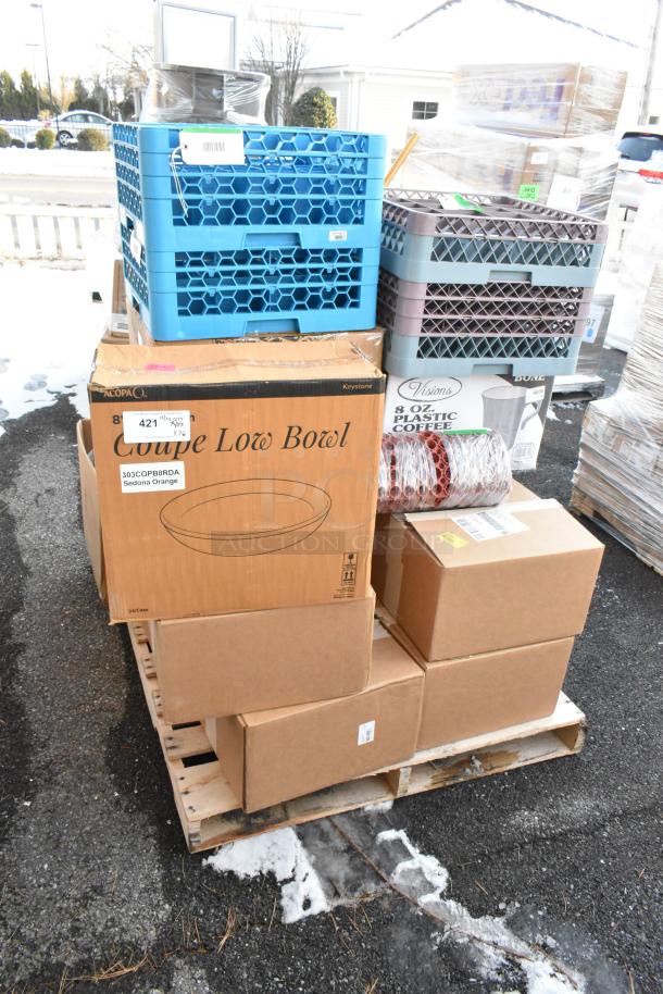 Pallet with 26 new scratch and dent items, including coupe low bowls, 8 oz. plastic coffee cups, and more in assorted boxes.