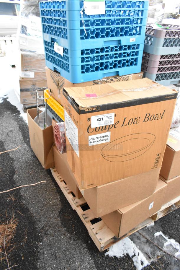 Palette of various boxed items including Acopa coupe bowls, labeled 303COPB8BRDA Sedona Orange, and storage bins.