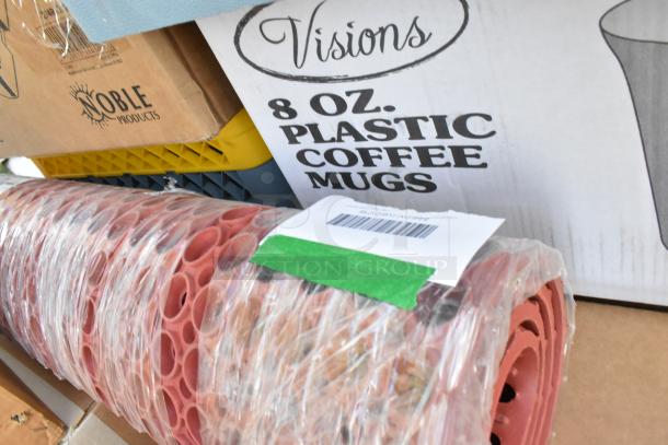 Box of Visions 8 oz. plastic coffee mugs, items wrapped in plastic, Noble Products box visible.