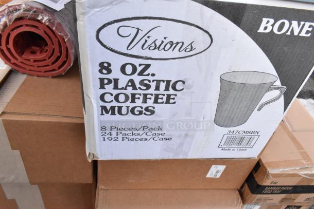 Box of 8 oz. Visions plastic coffee mugs, scratch and dent condition. Contains 8 pieces/pack, 24 packs/case, 192 pieces total.