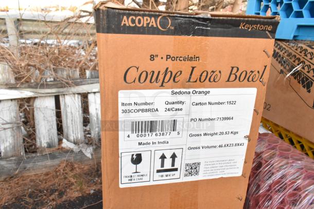 Cardboard box of Acopa 8" porcelain coupe low bowls in Sedona Orange, Item 303COPB8RDA, 24 per case, made in India. Handle with care.