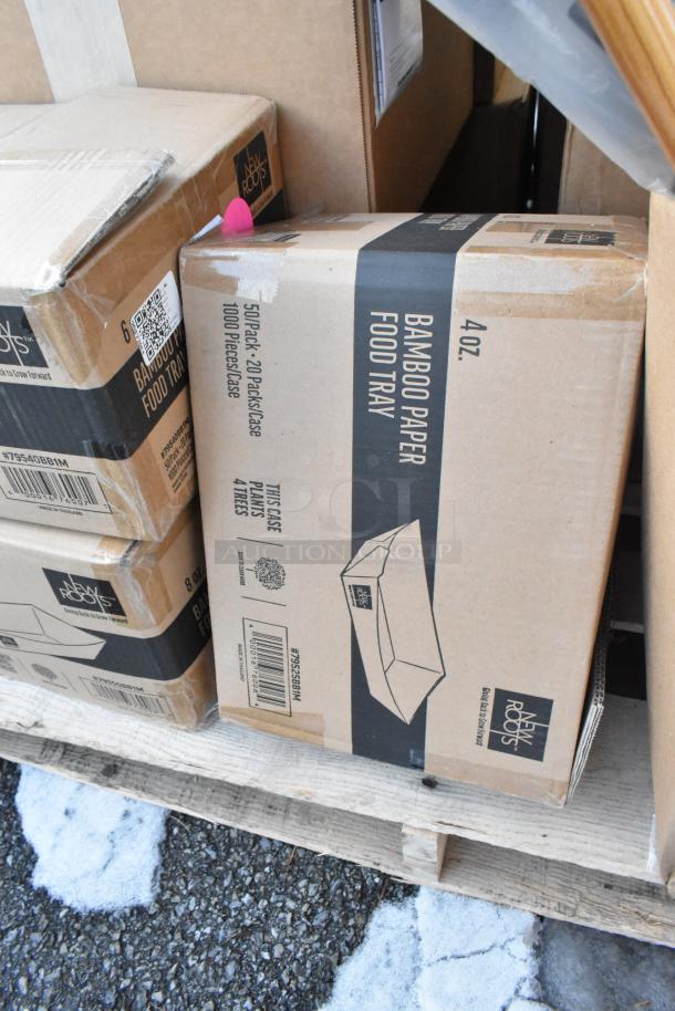 Boxes of New Roots bamboo paper food trays on a pallet, labeled for 50 pack, 20 packs/case. Condition: scratch and dent.