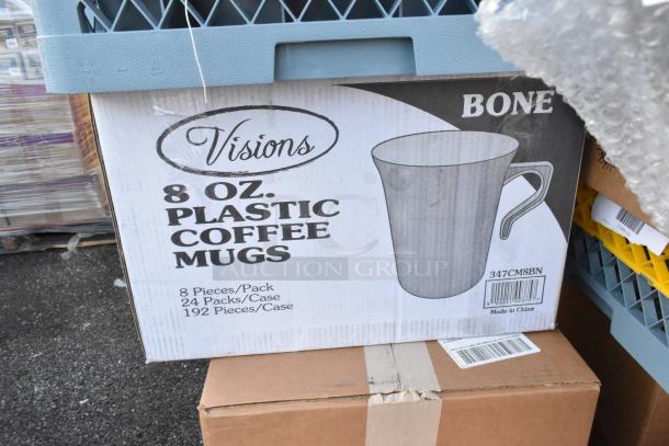 Visions 8 oz. plastic coffee mugs box, 8 pieces/pack, 24 packs/case, 192 pieces total. Box labeled "BONE," made in China.