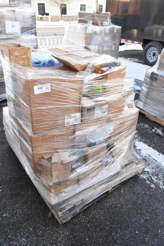 Pallet with 40 new scratch and dent items, including fruit bowls, tumblers, ramekins. Boxes labeled for shipment.