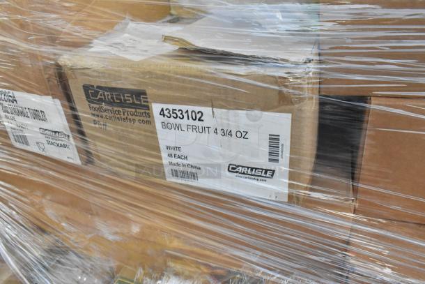 Boxes of Carlisle brand fruit bowls and tumblers wrapped in plastic, labeled "scratch and dent," 40 items in total.