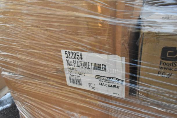 Shrink-wrapped pallet with Carlisle 20oz stackable tumblers, 72 count, blue, made in USA, label visible. Scratch and dent items.