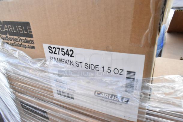 Cardboard box labeled "Carlisle Ramekin ST Side 1.5 oz, 48 each, Made in China." Part of a scratch and dent auction lot.