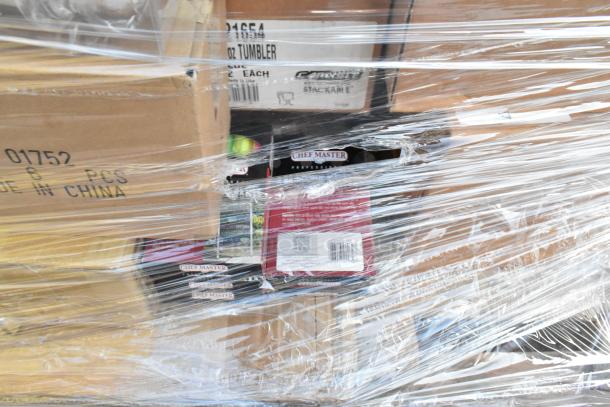 Boxes of 40 new scratch and dent items, including fruit bowls, tumblers, and ramekins, wrapped in plastic. Chef Master label visible.