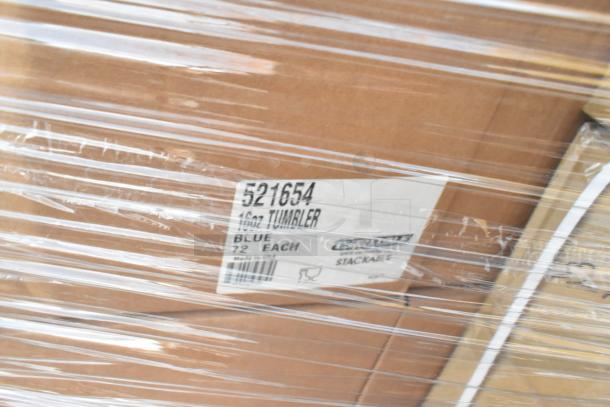 Auction lot of 40 new scratch and dent items, including fruit bowls, tumblers, and ramekins. Labeled "16oz Tumbler, Blue, 72 Each."