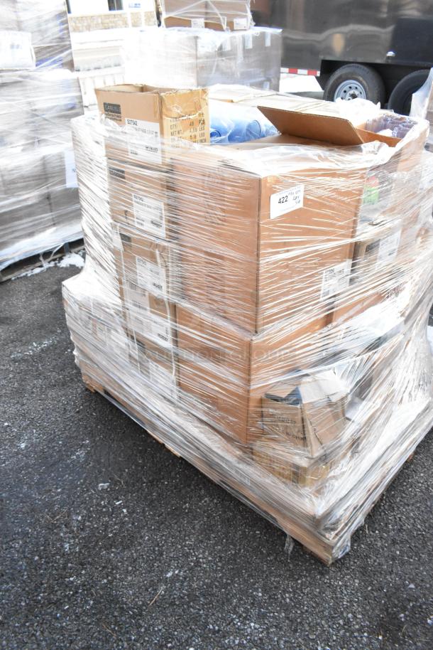 Plastic-wrapped pallet of 40 brand new scratch and dent boxes including fruit bowls, tumblers, and ramekins, visible labels.