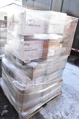 Pallet of scratch and dent items in plastic wrap, including Choice portion cup lids and cold cups. Sold as 37 items.