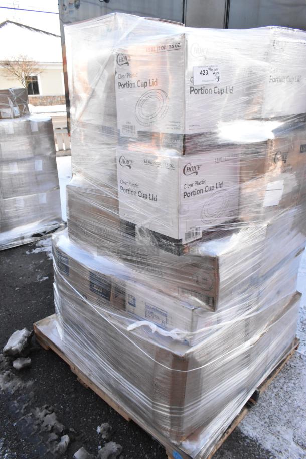 Pallet with wrapped boxes of "Choice" clear plastic portion cup lids. Condition: new, marked as scratch and dent.