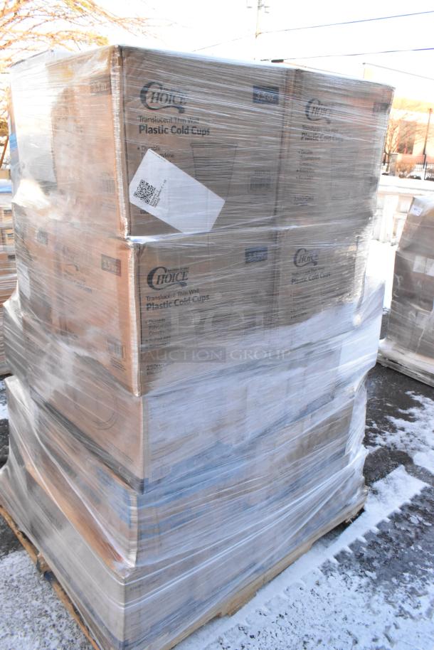 Shrink-wrapped pallet of Choice Translucent Plastic Cold Cups, 3.5 oz size, scratch and dent items, brand new condition.