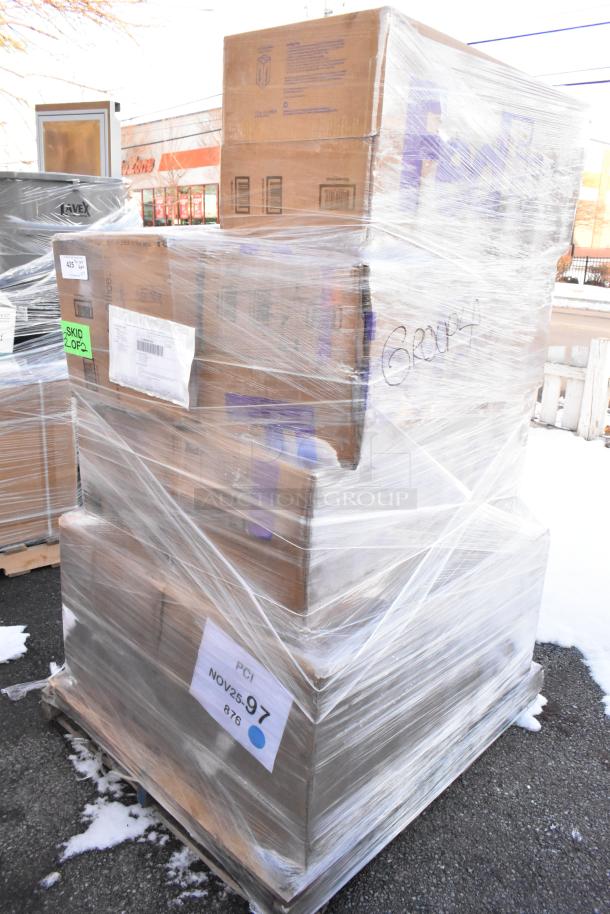 Pallet wrapped with boxes labeled FedEx, containing 7 brand new scratch and dent items including stools, table bases.