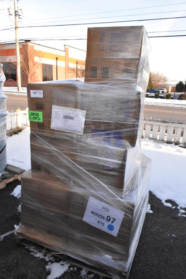 Pallet with wrapped boxes containing brand new scratch and dent items including stools and table bases. Tags show "Skid 2 of 2" and "PCI NOV25.97".