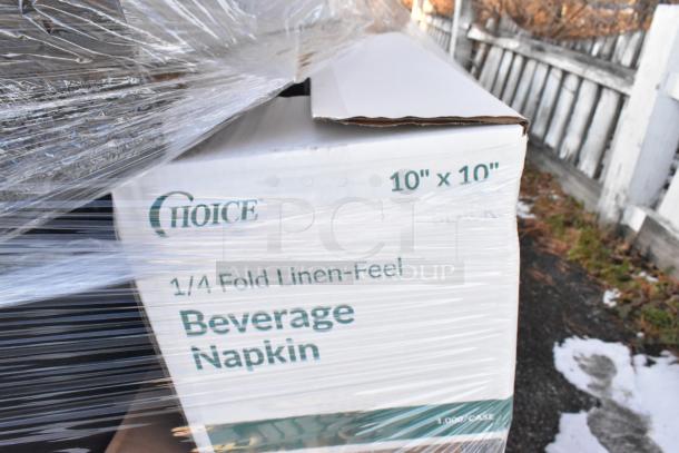 Plastic-wrapped box labeled "Choice 10" x 10" 1/4 Fold Linen-Feel Beverage Napkin." Box appears new.