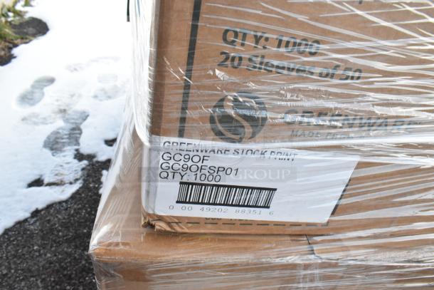 Boxes wrapped in plastic labeled "Greenware Stock Print" with barcode and quantity markings, indicating 1000 items.
