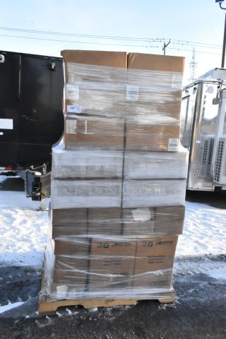 Pallet of stacked boxes containing 44 brand new, scratch and dent items wrapped in plastic. Includes containers, napkins.