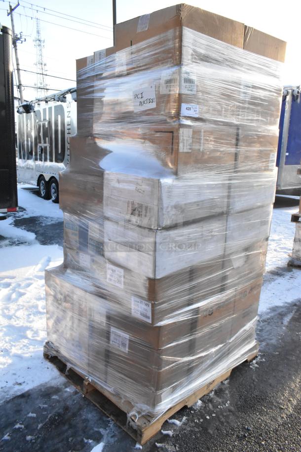 Pallet of 44 scratch and dent items including containers, napkins; wrapped in plastic, labels indicate PCI Auction.
