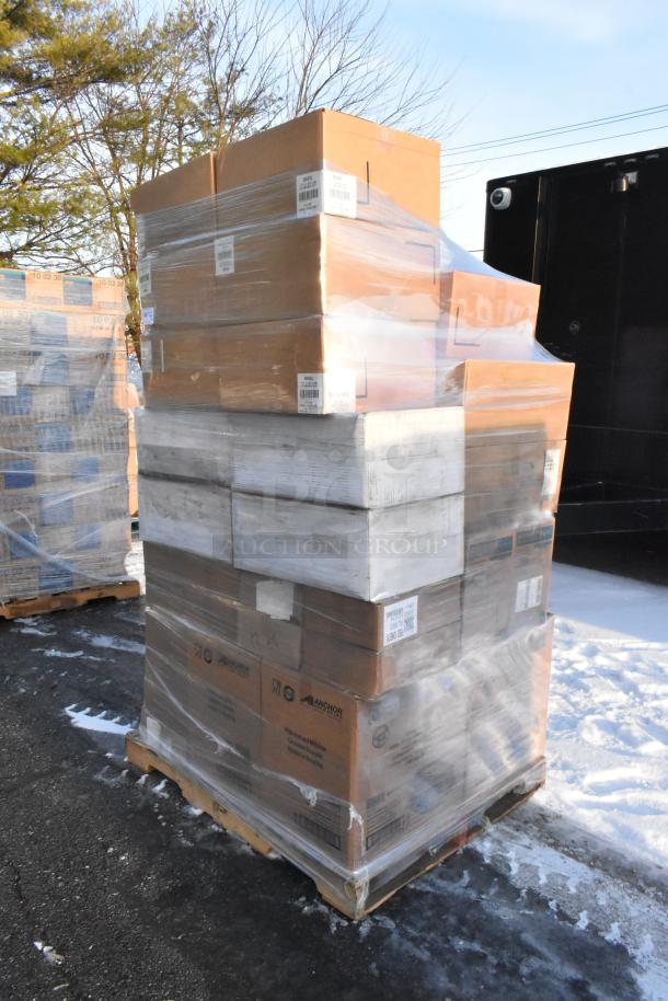 Pallet with 44 brand new scratch and dent items, wrapped in plastic. Includes containers, napkins. Barcoded labels visible.