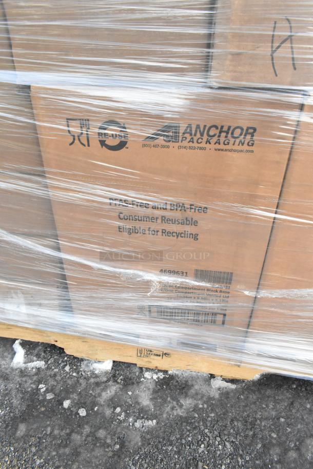Palette wrapped boxes of Anchor Packaging containers and napkins, marked as PTAS-free, BPA-free, and recyclable.