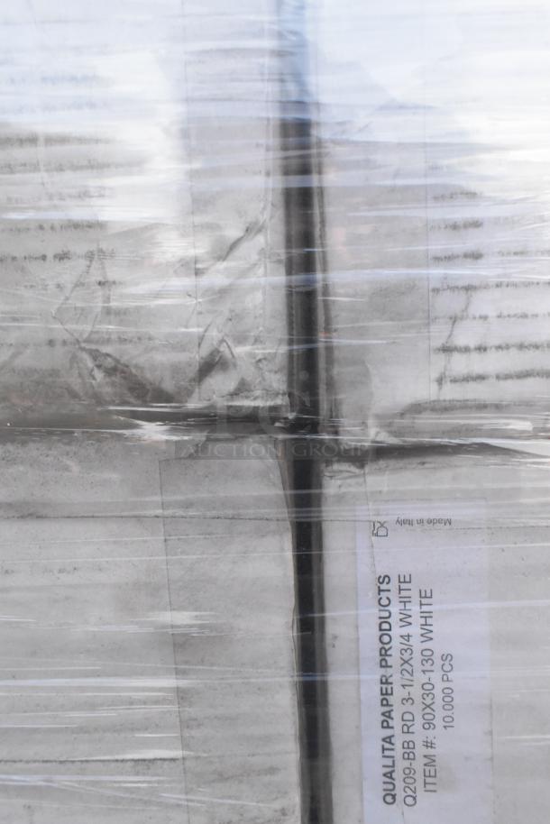 44 brand new scratch and dent items including containers and napkins, plastic-wrapped bundle, Qualita Paper Products label visible.