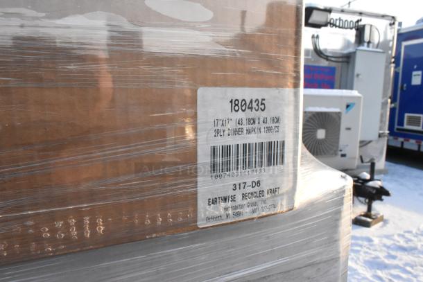 Brown packaged pallet with label: "17x17" 2-ply dinner napkin, 1000/CS, Earthwise Recycled Kraft." Scratch and dent items.