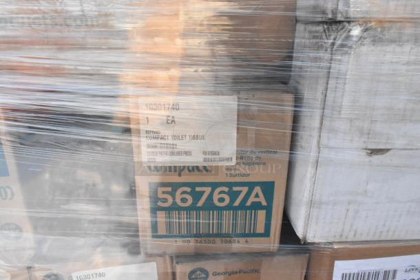 Boxes of Georgia Pacific Compact Toilet Tissue, model 56767A, sealed on a pallet, labeled with item and barcode.