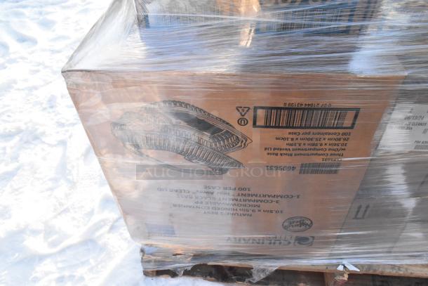 Sealed box of 44 scratch and dent items including food containers, napkins, 44969331 SKU, on a pallet wrapped in plastic.