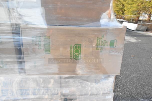 44 new scratch and dent items, including Eco-Products 32oz deli containers. Sealed in plastic wrap, visible labeling.