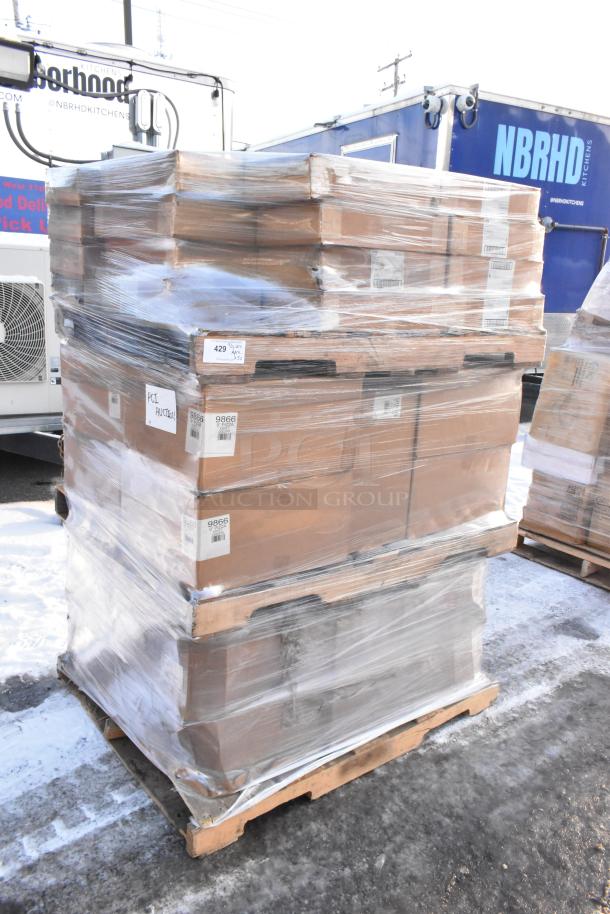 Pallet of 52 brand new scratch and dent items, wrapped with clear plastic; includes towel adapters.