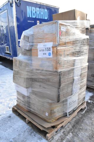 Pallet of 35 brand new scratch and dent items, including cold cups, food trays, straws, bags. Labels indicate item codes.