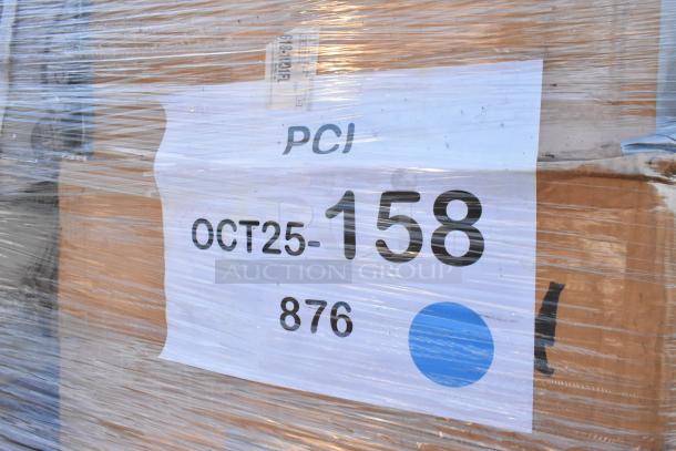 Pallet wrapped in plastic with a label showing "PCI OCT25-158 876," containing 35 brand new scratch and dent items, including cold cups and food trays.