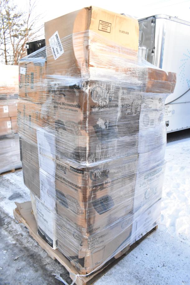 Pallet of 35 brand new scratch and dent items, including cold cups, food trays, straws, and bags, wrapped in plastic.