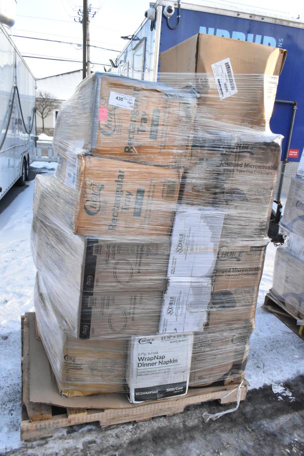 Pallet with 35 new scratch and dent items, including Eco-Products trays, Noble straws, and bags. Items wrapped in plastic.