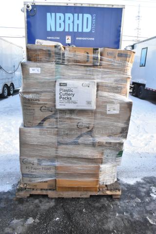 Pallet of 40 boxed items, including Choice brand cold cups, plastic cutlery packs, and paper food containers. Brand new.
