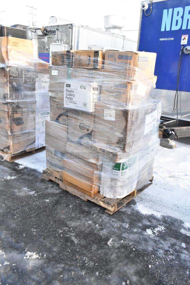 Pallet of 40 new scratch and dent items, including gloves, cold cups, T-shirt bags, and takeout containers, wrapped in plastic.