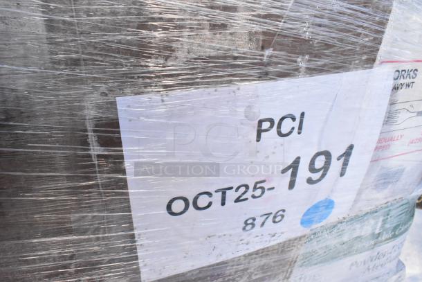 Plastic-wrapped pallet labeled "PCI OCT25-191 876" containing 40 brand new scratch and dent items, including gloves and takeout containers.