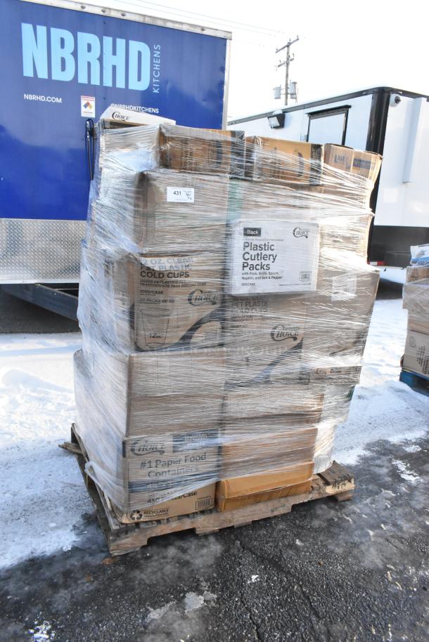 Pallet of 40 new scratch and dent items including gloves, cold cups, T-shirt bags, and takeout containers, shrink-wrapped.