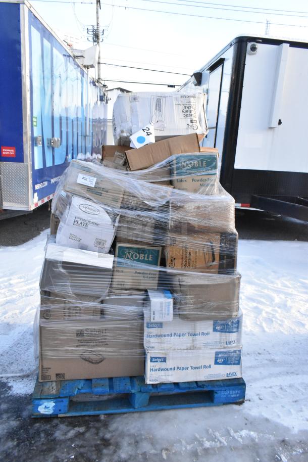 Pallet with 40 brand new scratch and dent items, including plates, portion cups, towels, and cutlery packs. Wrapped and labeled.
