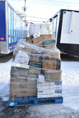 Pallet with 40 brand new scratch and dent items, including plates, portion cups, towels, and cutlery packs. Wrapped and labeled.