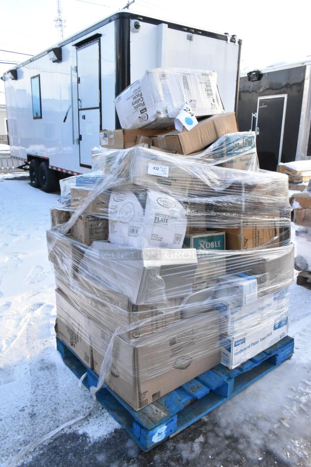 Pallet of 40 new scratch and dent items, including plates, portion cups, towels, cutlery packs; various boxes wrapped in plastic.