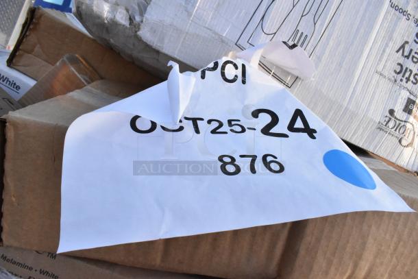 Box of 40 new scratch and dent items including plates, portion cups, towels, cutlery packs; label reads "OCT25-24, 876."